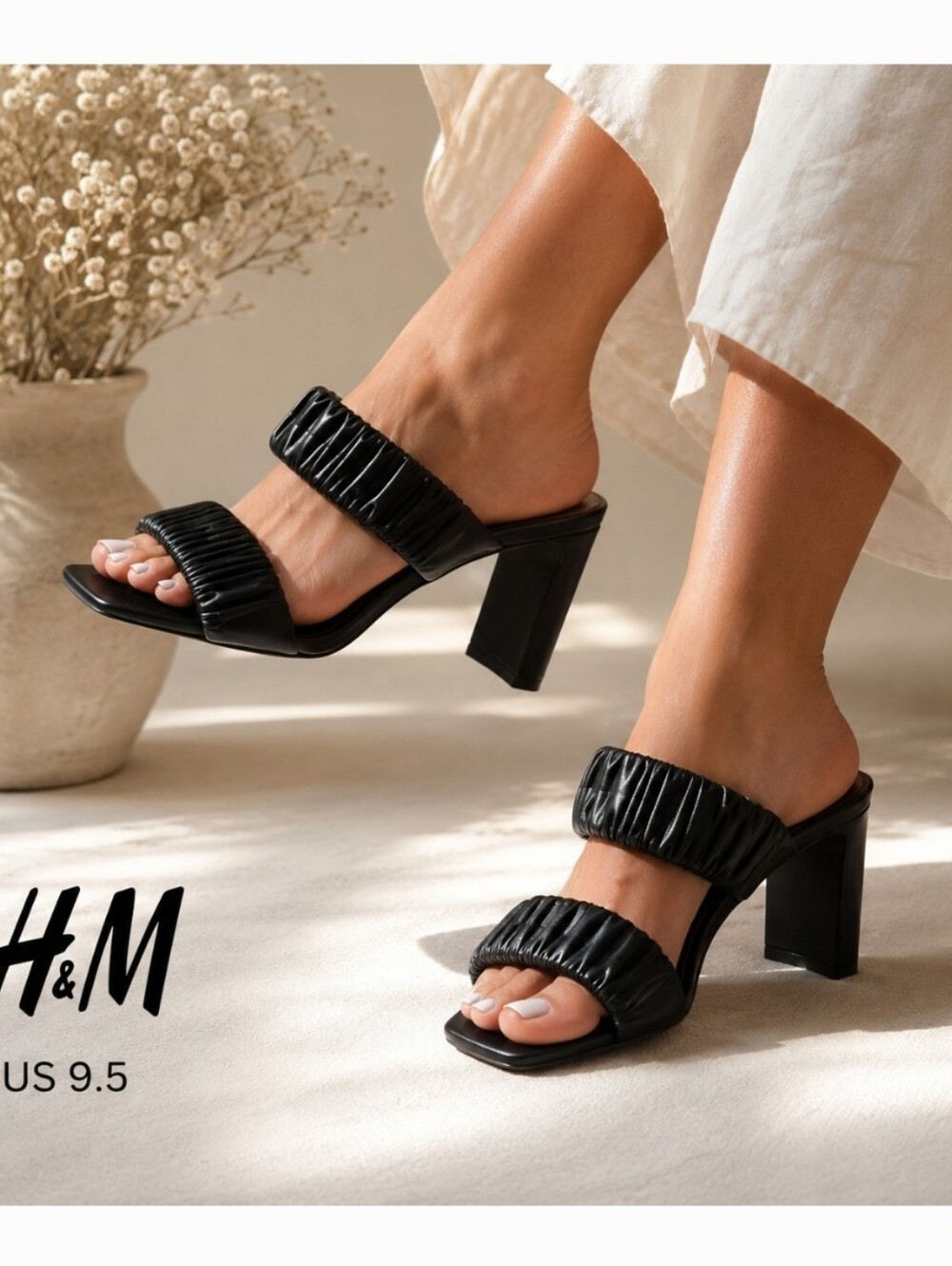 H&M Black Ruched Double-Band Block Heel Sandals 9.5